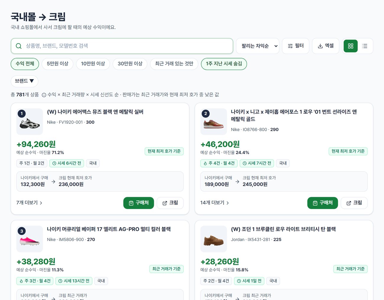국내몰에서 크림으로 차익 목록