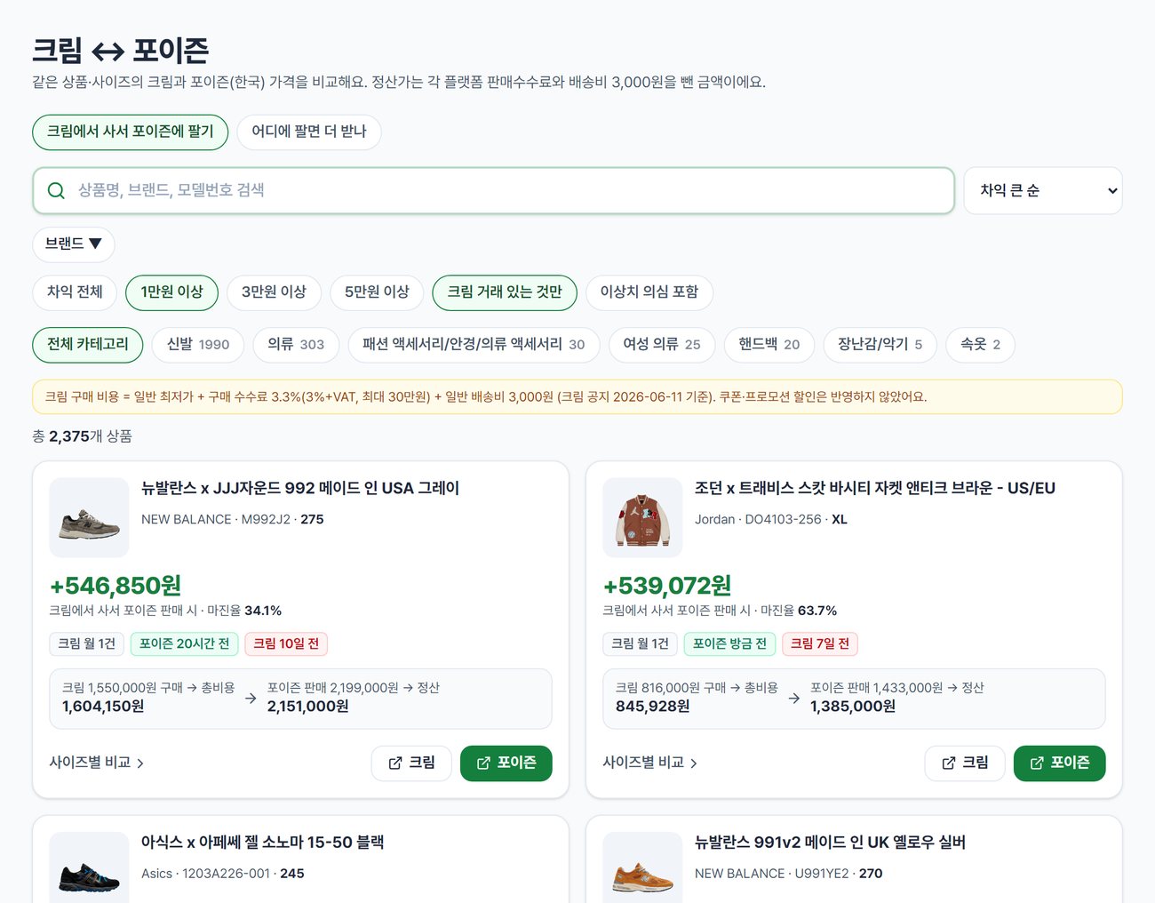 크림과 포이즌 가격 비교